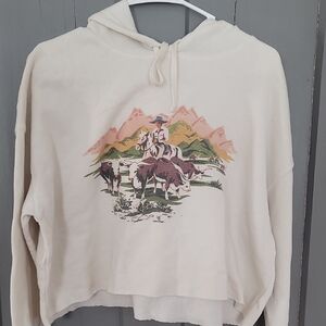 Cowgirl Western Graphic Cropped Raw Edge Cream Hoodie